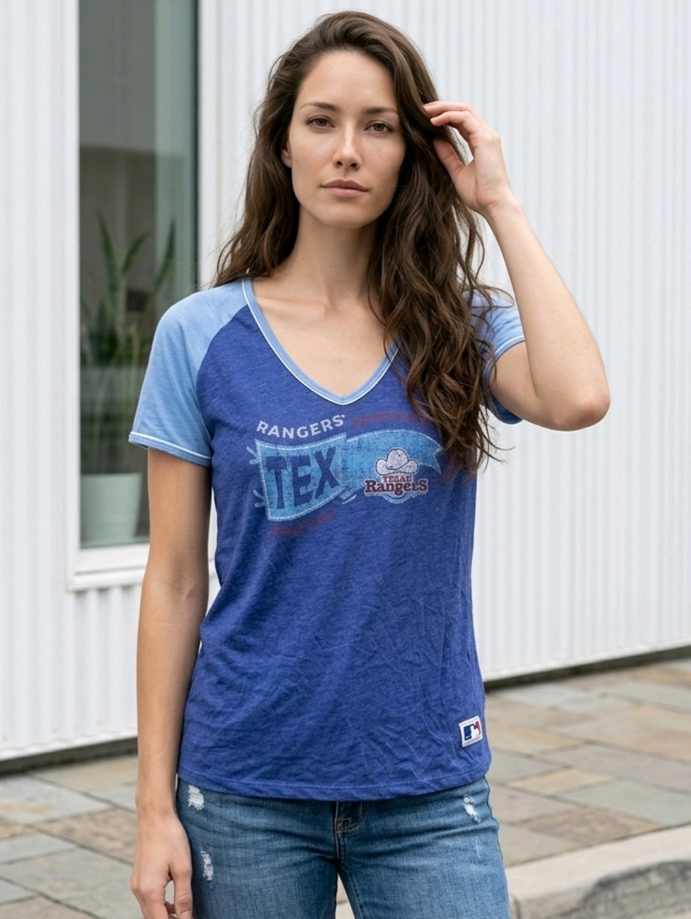 Texas Rangers Raglan Tee Women’s L MLB V Neck Blue Red Baseball Shirt Game Day